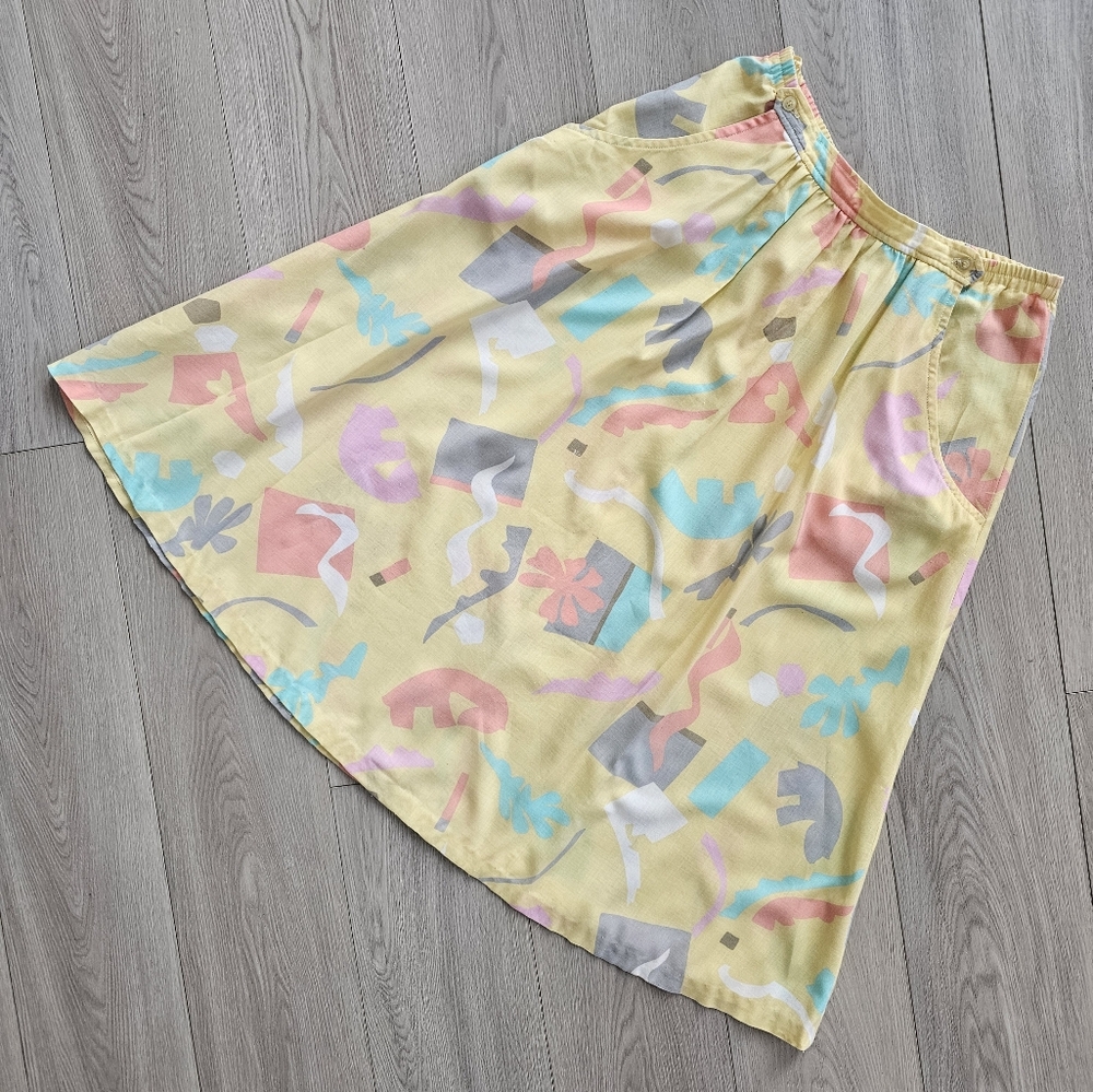 Vintage 90s Kay Silver‎ Pastel Abstract Print Cotton Midi A-Line Art Print Skirt